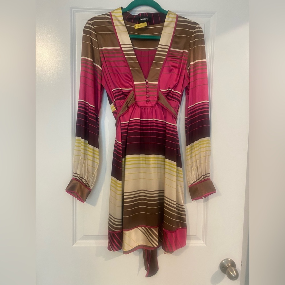bebe Pink and Brown Striped Long Sleeve Dress